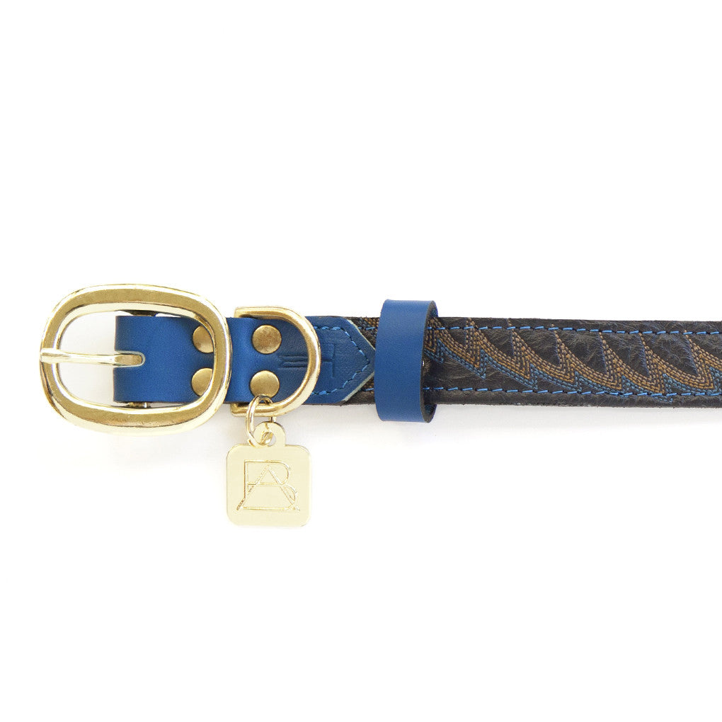 Royal Blue Dog Collar With Navy Leather + Blue/Gold Stitching
