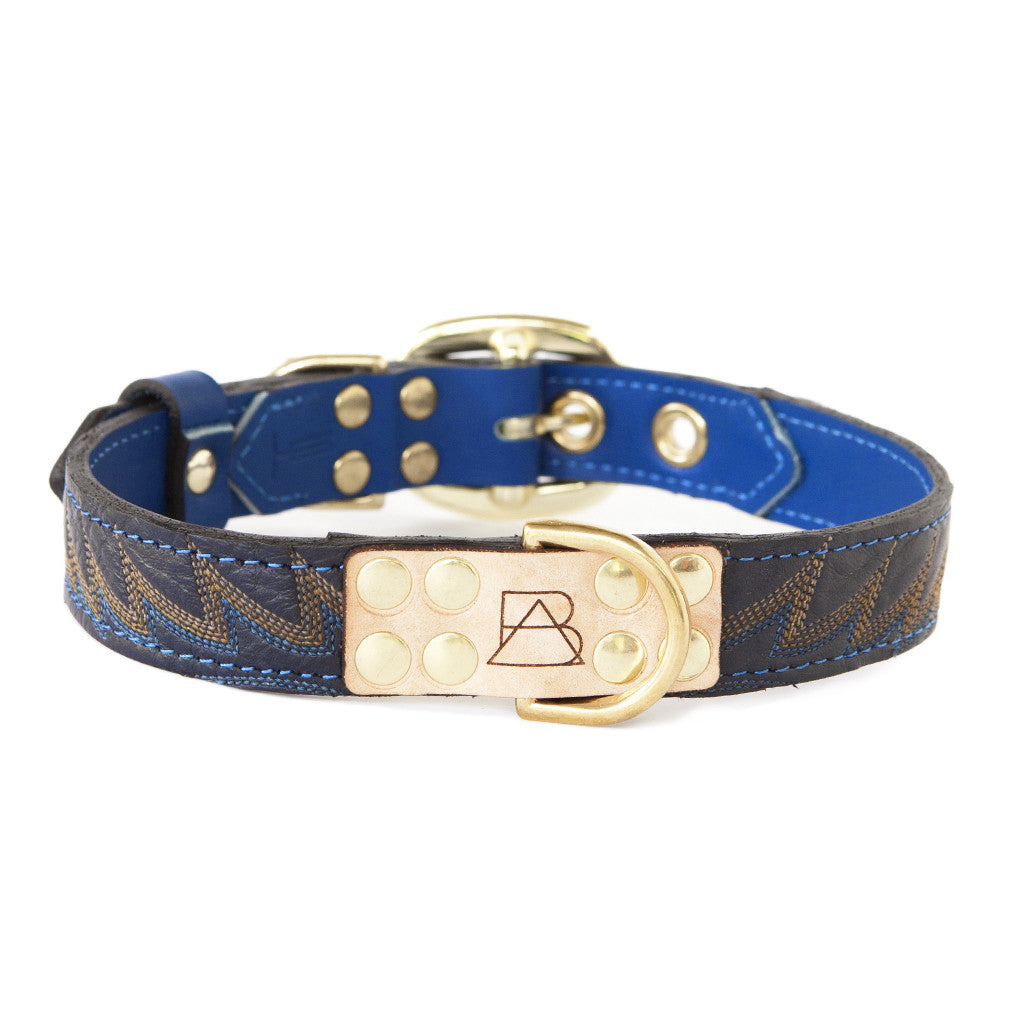 Royal Blue Dog Collar With Navy Leather + Blue/Gold Stitching